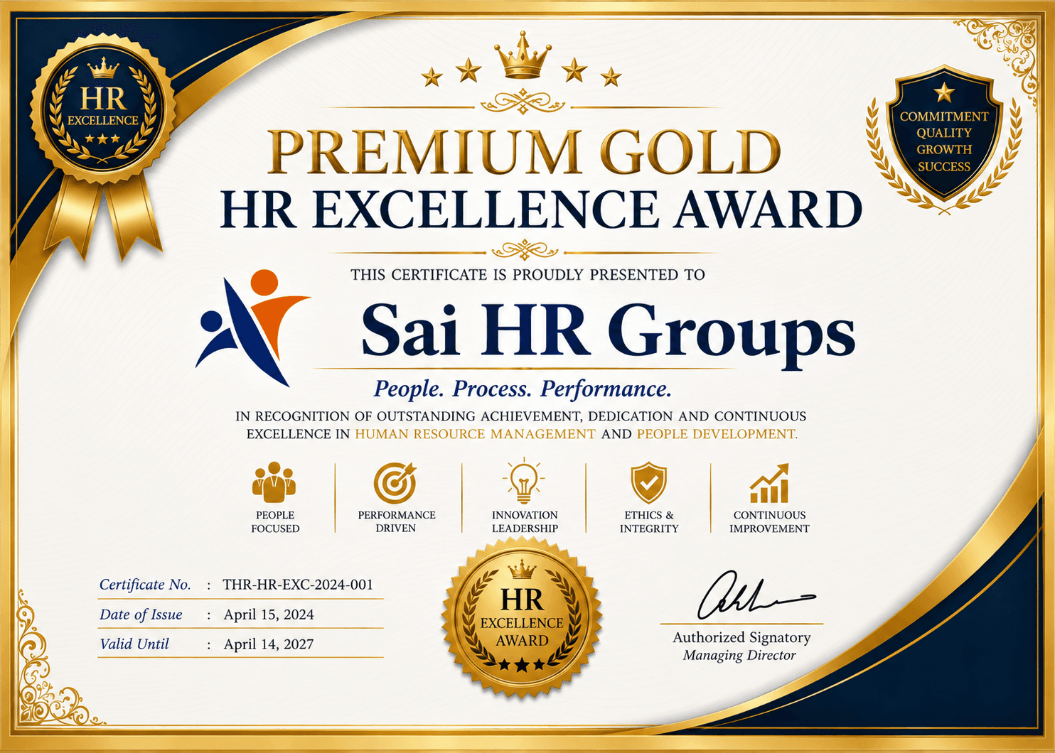 Premium Gold HR Excellence Award presented to Sai HR Groups
