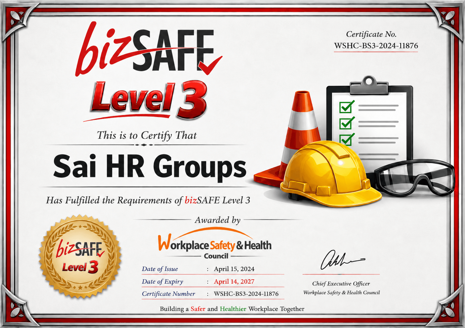 bizSAFE Level 3 certificate for Sai HR Groups