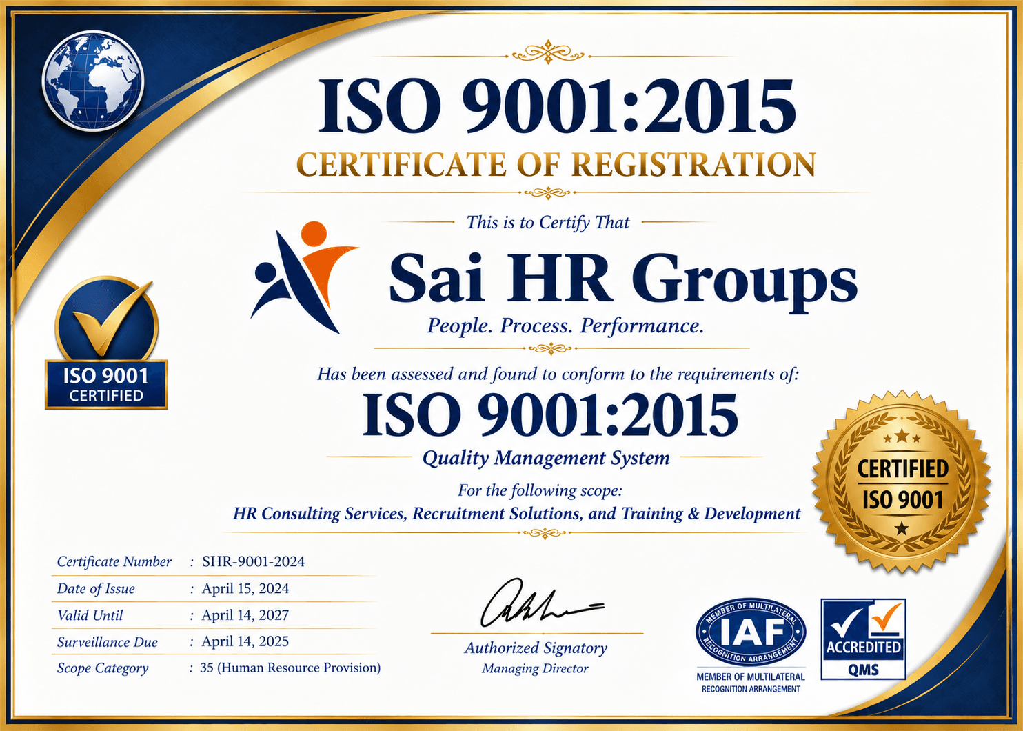 ISO 9001 certificate for Sai HR Groups, issued April 15, 2024